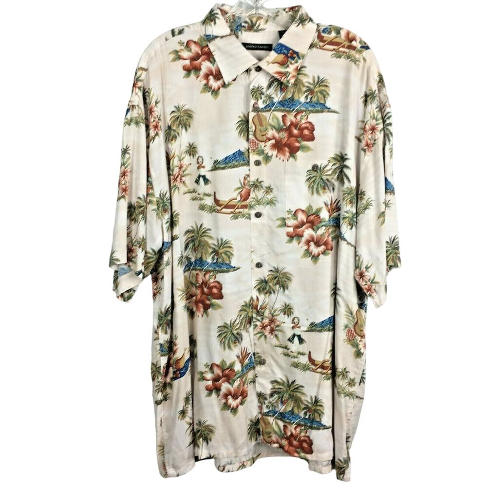 Pierre Cardin Shirt Mens Sz XL Beige Tropical Floral Hawaiian Hula Girl Camp